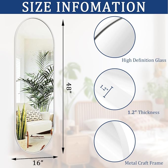 Oval Bathroom Mirror 48 x 16 Inch, Large White Full Length Mirror, Oval Pill - Image 7