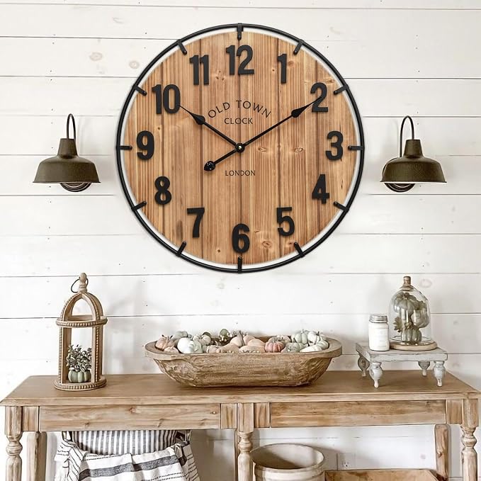 EMAX HOME Large Old Town Farmhouse Wall Clock 24 Inch Rustic Antique Wood - Image 5