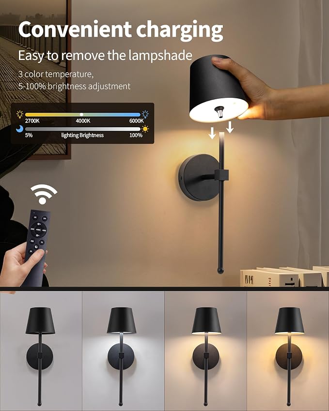 KDG Wireless Wall Sconces Set of 2, Small Cordless 5200mAh Rechargeable Battery - Image 4