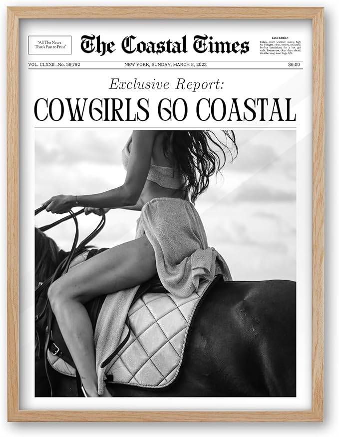 iHery Cowgirls Go Coastal Framed NewsPaper Canvas Wall Art, Natural OAK Wood by iHery