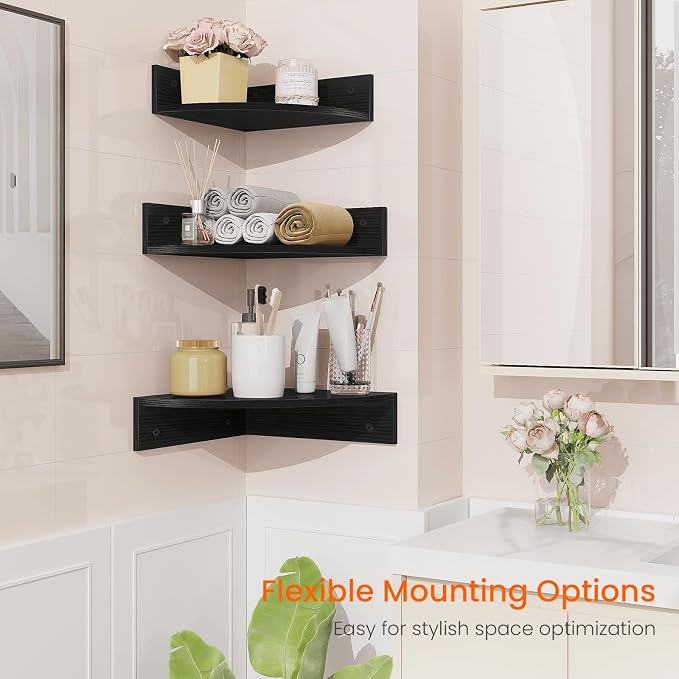 Homode Corner Floating Shelves, 3 Tier Wooden Hanging Corner Storage Shelf - Image 7