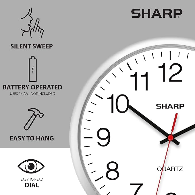 Sharp Wall Clock – Silver, Silent Non Ticking 14 Inch Quality Quartz Battery - Image 5