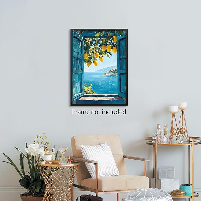 PDFI Mediterranean Window View Wall Art Coastal Lemon Tree Canvas Prints Blue - Image 5