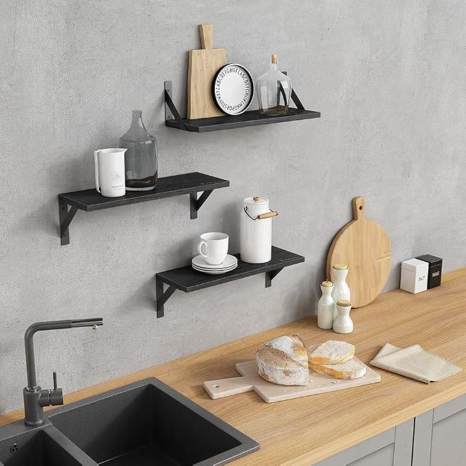 Forbena Black Floating Shelves Bathroom Set of 3, Wooden Wall Book Shelves - Image 2