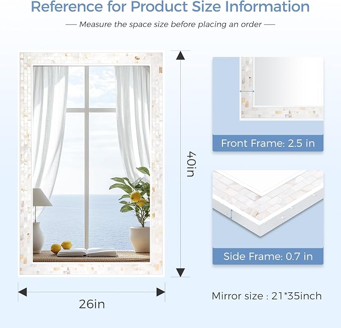 Tanmicoshomy 26 x 40 Inch Rectangle Bathroom Mirror, Natural Shell Framed - Image 3