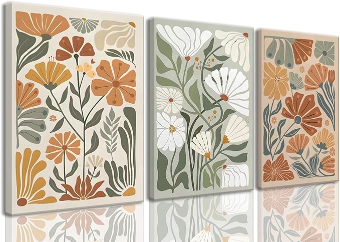 KISSFOX Framed Canvas Wall Art Abstract Floral Botanical Print Set of 3 Green by KISSFOX