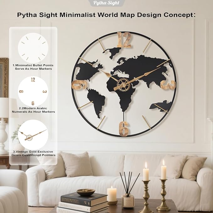 Pytha Sight 30 Inch Large Modern Decorative Metal World Map Wall Clocks Giant - Image 3