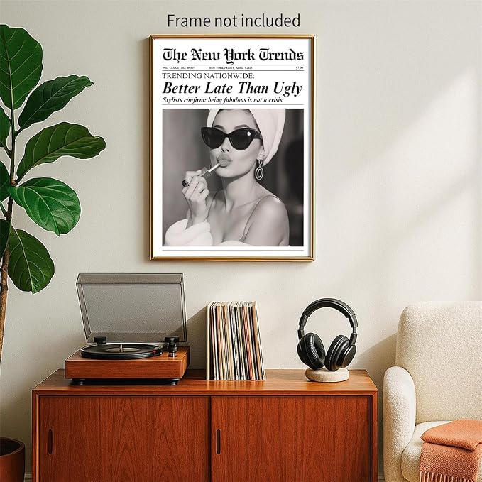 Trendy Newspaper Posters Better Late Than Ugly Wall Art Vintage Black And White - Image 3