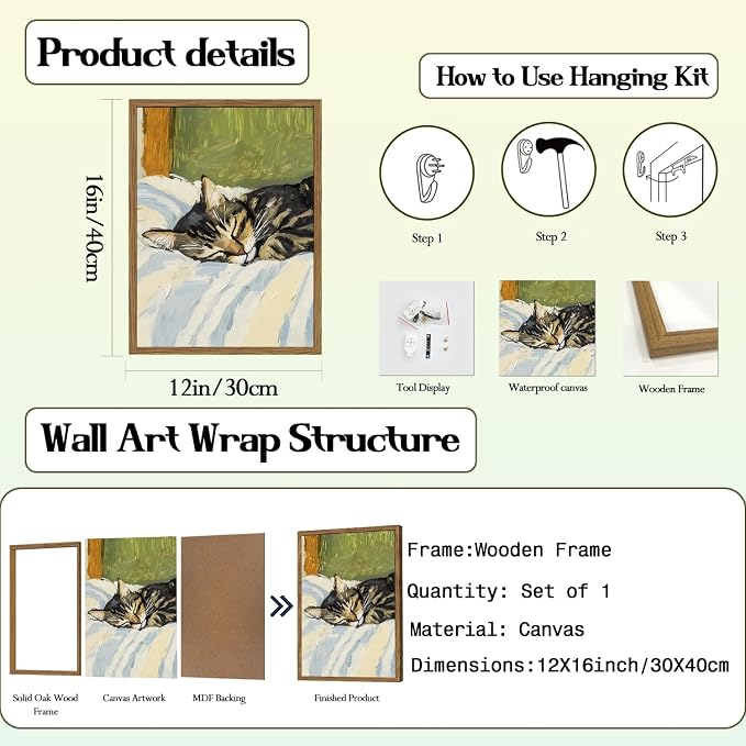 Cute Cat Wall Art, Funny Tabby Cat Sleeping in Bed Wall Decor Painting - Image 3