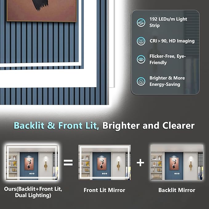 60x30 LED Bathroom Mirror with Lights, Backlit and Front Lit Anti-Fog Lighted - Image 3