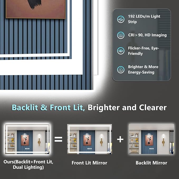 60x28 LED Bathroom Mirror with Lights, Backlit and Front Lit Anti-Fog Lighted - Image 3