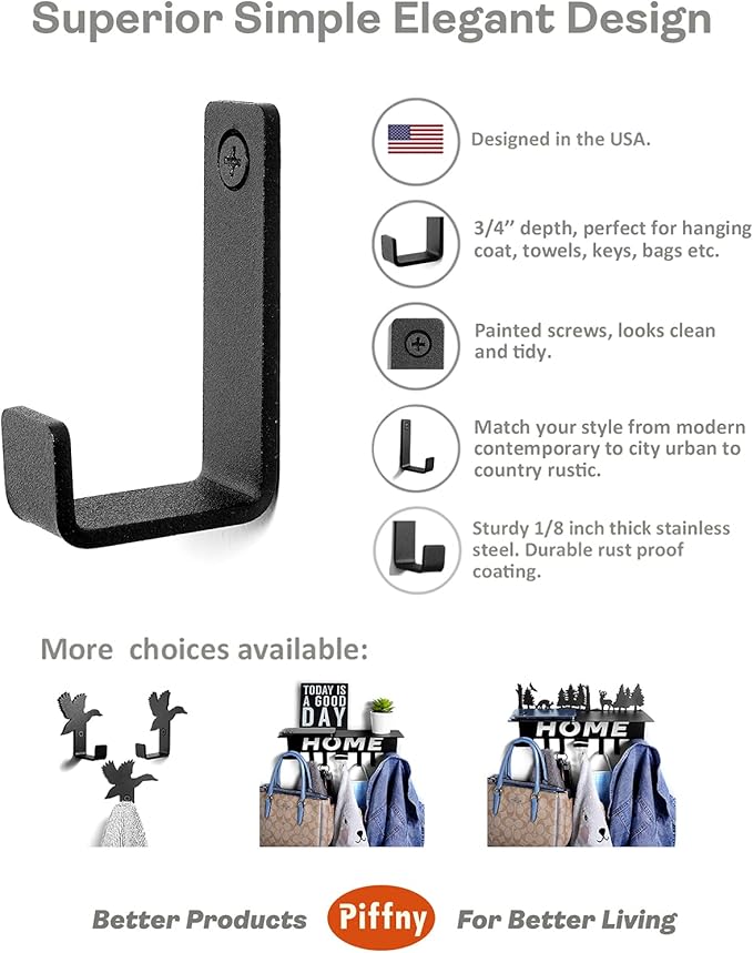 Piffny 6 Pack Heavy Duty Steel Essential Style Wall Hooks - Image 2
