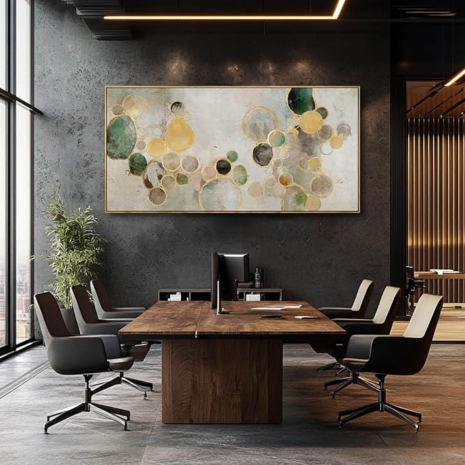 Abstract Canvas Wall Art Gold Circle Painting Green Artwork Framed Wall Prints - Image 4