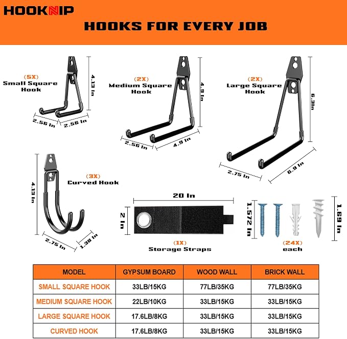 Pack 13 Garage Hooks Heavy Duty | Multi-Sized Wall-Mounted Tool Hangers - Image 2