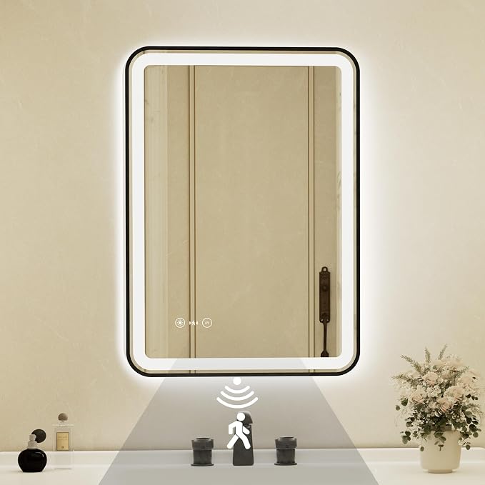 24x32 Inch Black Framed LED Bathroom Mirror by Unknown