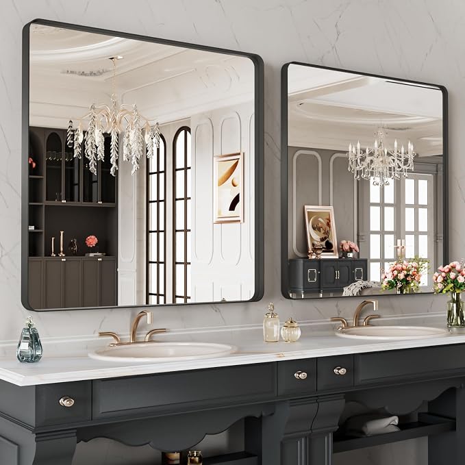 LOAAO 32X32 Inch Black Metal Framed Bathroom Mirror - Image 4