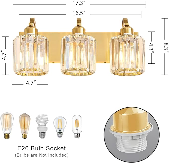 3-Light Gold Bathroom Light Fixtures, Modern Bathroom Vanity Lights Fixture - Image 3