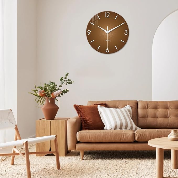 XFM Brown Wall Clock 12 Inch Modern Silent Wall Clocks Battery Operated Round - Image 2