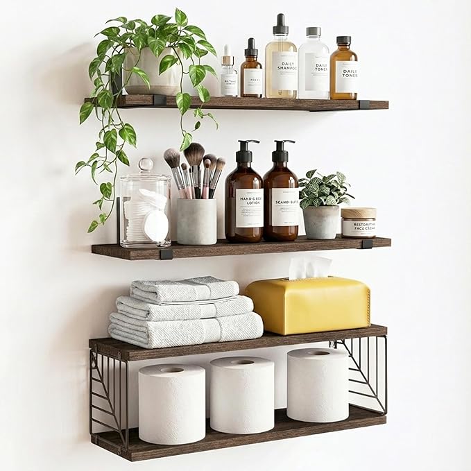Fixwal Bathroom Floating Shelves Over Toilet, 15.8in Farmhouse Rustic Wood by Fixwal