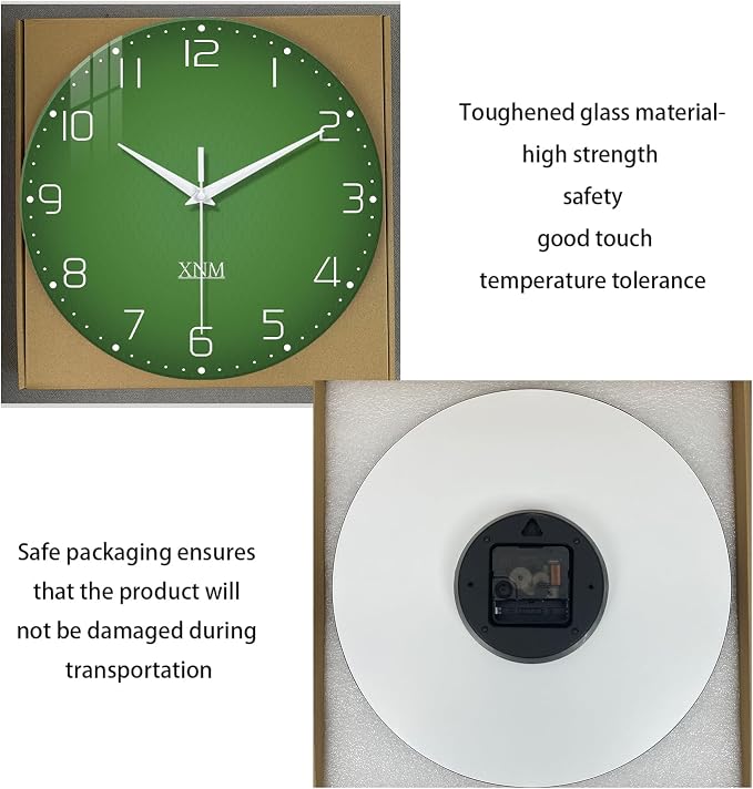 XNM Bedroom Clock Battery Operated Glass Minimalist Green Wall Clock 12 Inch - Image 7