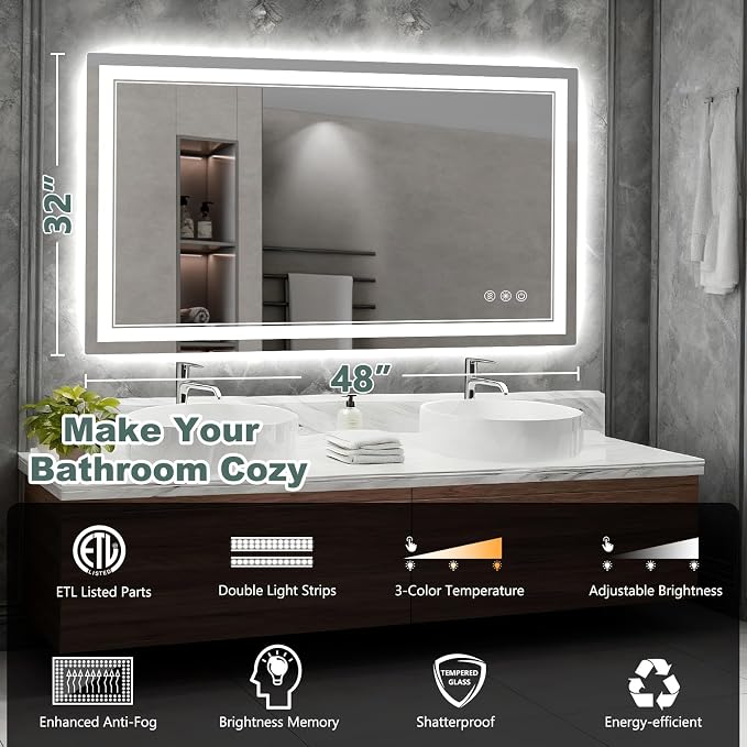 48x32 Inch LED Bathroom Mirror - Image 2