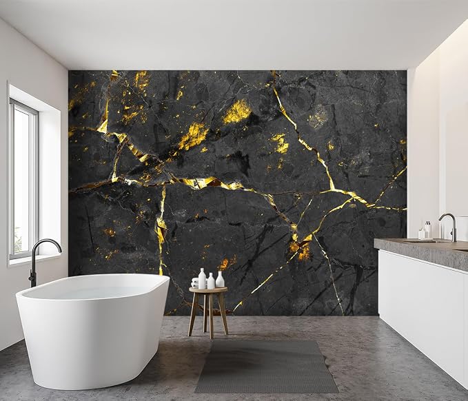 -Black and Gold Marbled Fabric Wallpaper Dark Abstraction Art Living Room - Image 3