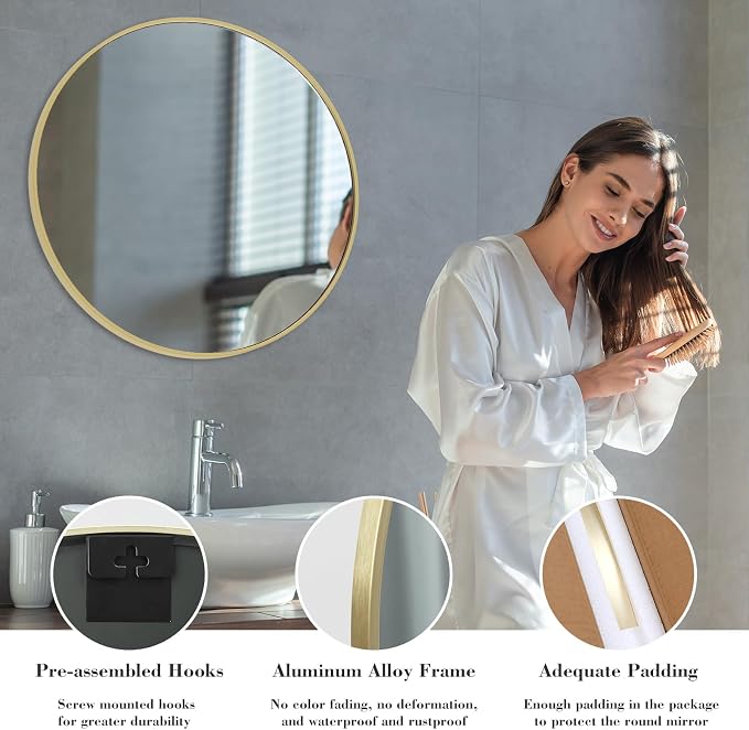 NEWBULIG Round Bathroom Mirror for Over Sink, 28 Inch Wall Mount Vanity Circle - Image 5