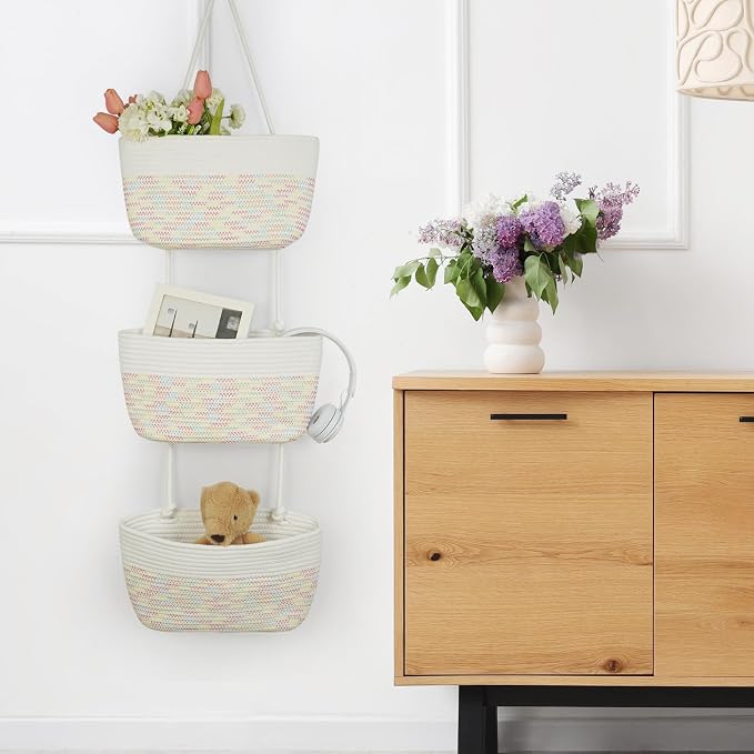 TeoKJ Over the Door Hanging Basket, 3-Tier Woven Cotton Wall-Mounted Storage - Image 6