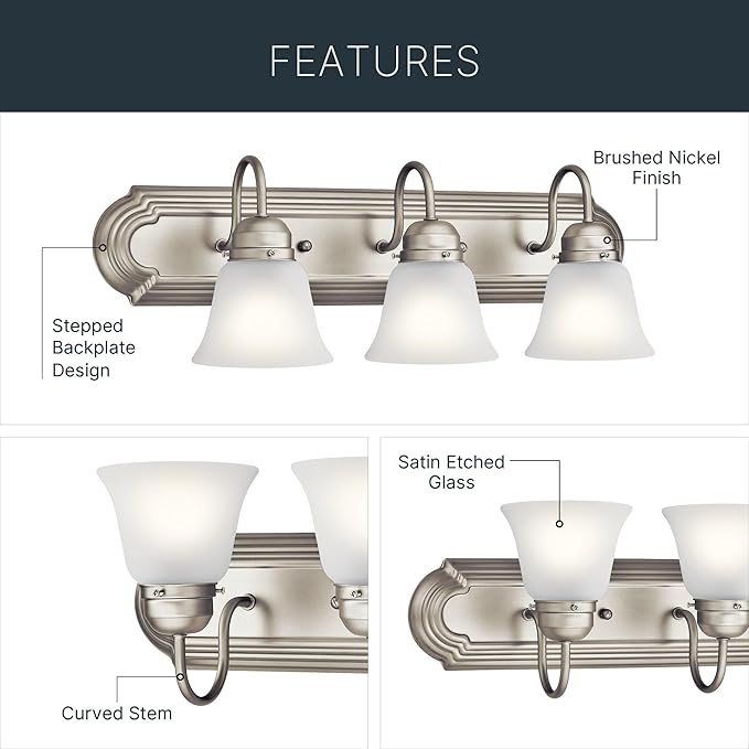 Kichler 24" 3-Light Vanity Bath Light in Brushed Nickel, Modern Bathroom Light - Image 3
