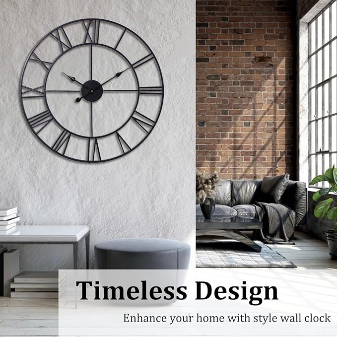 30 Inch Wall Clock Decorative, Oversized Large Black Metal Roman Numeral Silent - Image 6
