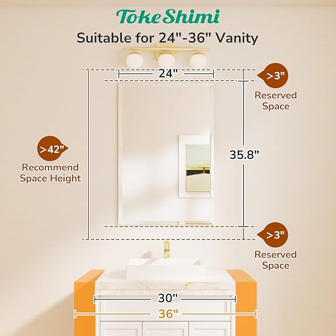 TokeShimi 24x36 Beveled Wall Mirror Decorative, Bathroom Vanity Mirrored - Image 8