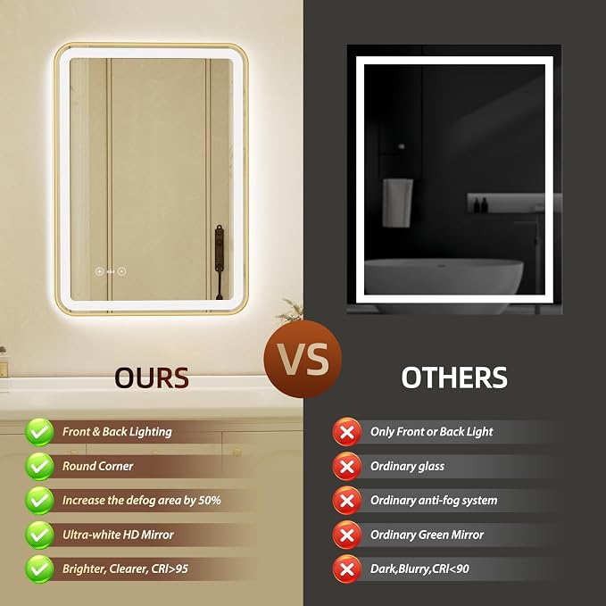 24x32 Inch Gold Framed LED Bathroom Mirror - Image 6