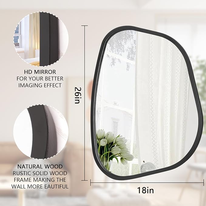 Black Asymmetrical Mirror Large 26"x18" Irregular Oval Wall Mirror Modern Wood - Image 7