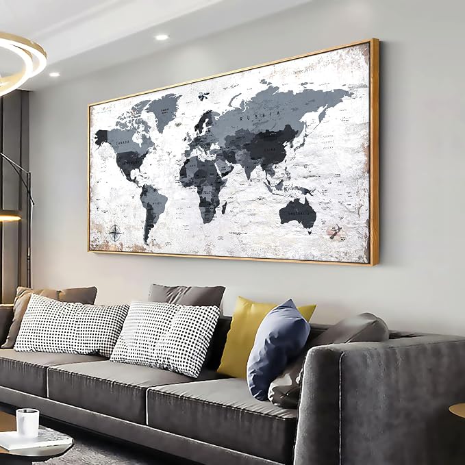 Framed wall art World Map Wall Art Canvas Picture 30inchx60inch Large Black and by ZEYDRT