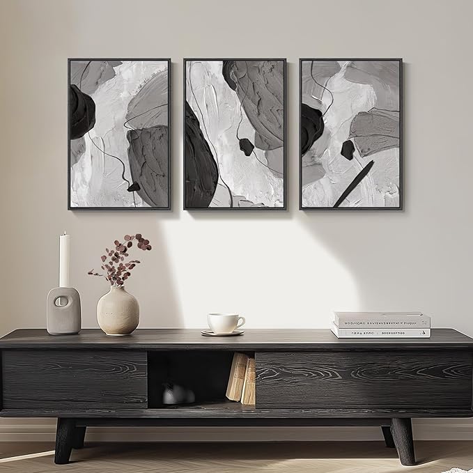 Framed Black and White Modern Abstract Wall Art, 3 Piece Canvas Prints - Image 4