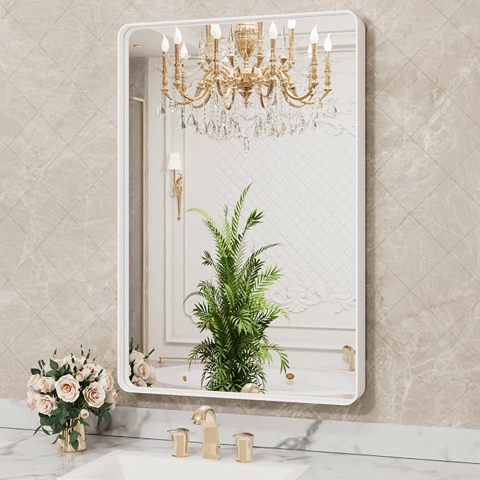 LOAAO 24x32 Inch White Metal Framed Bathroom Mirror - Image 4