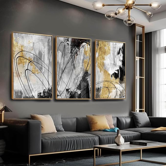 YJYart Gold Wall Art Abstract Wall Art Living Room Decor Black and White Canvas - Image 2