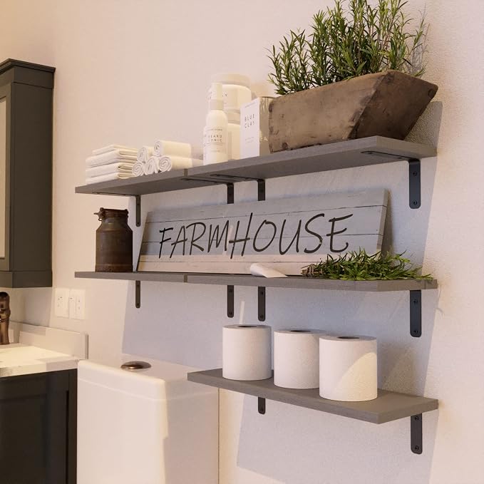 RICHER HOUSE Rustic Wood Bathroom Shelves Set of 5, Farmhouse Style Floating - Image 2