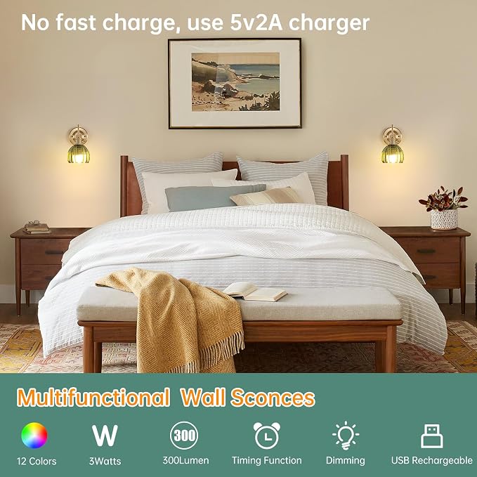 Shenmoyl Vintage Battery Operated Wall Sconce, 5000mAh Rechargeable Wall Light - Image 2