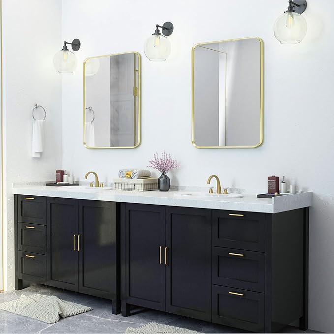 Wall Mount Mirror for Bathroom, Brushed Gold Metal Framed Rounded Corner - Image 3
