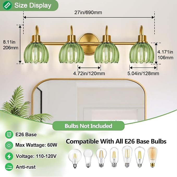 4-Light Bathroom Light Fixtures, Vintage Bathroom Vanity Lighting Fixtures Over - Image 8