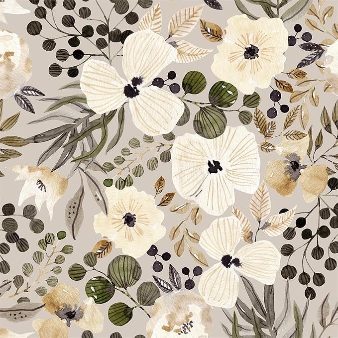 18"x236" Boho Cream/Brown Daisy Flower Peel and Stick Self Adhesive Wallpaper by VistaPalette