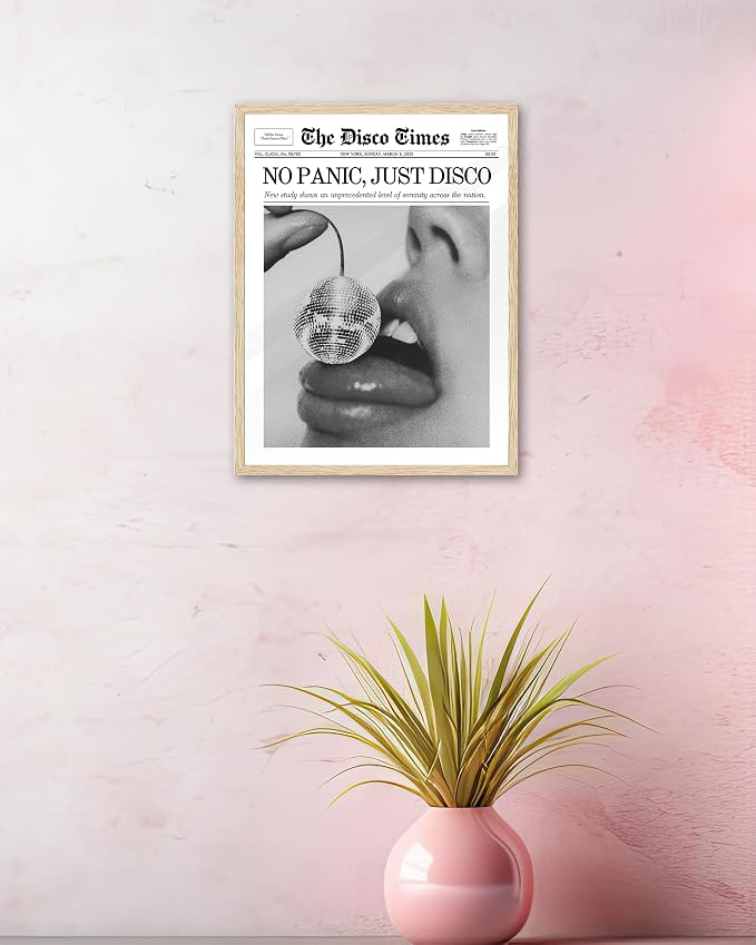 iHery No Panic Just Disco Small Framed Trendy NewsPaper Wall Art, Cherry Disco - Image 5