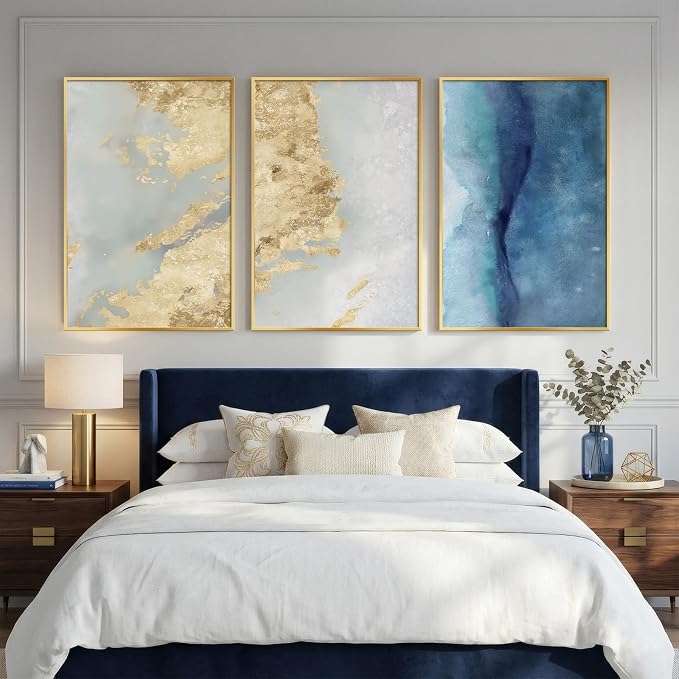 Large Framed Abstract Wall Art for Living Room, Luxury 3 Piece Canvas Blue - Image 5