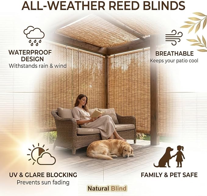 Bamboo Roller Shades for Outdoor Patio, Bamboo Blinds, UV Protection, Light - Image 2
