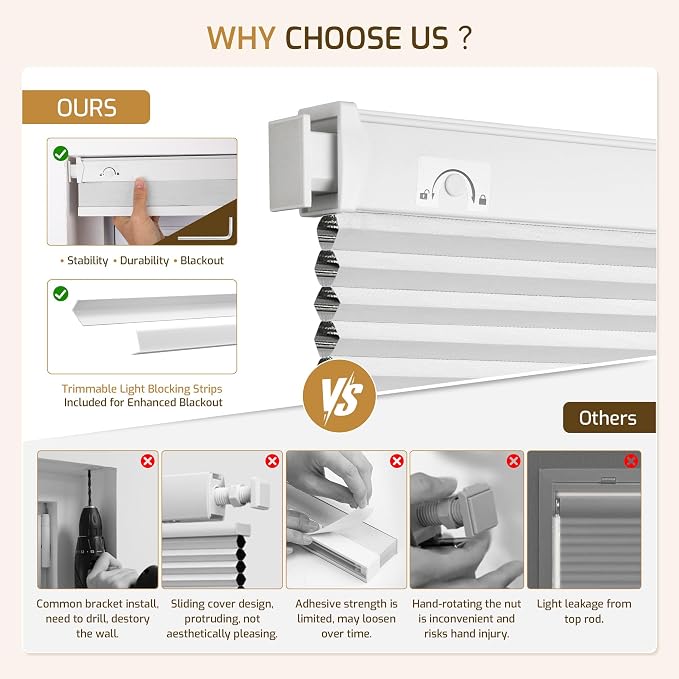 Grandekor No Drill Cordless Cellular Shades, Honeycomb Blinds - Image 5