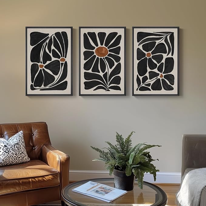 Framed Black and White Abstract Wall Art, 3 Piece Black Boho Floral Botanical - Image 8
