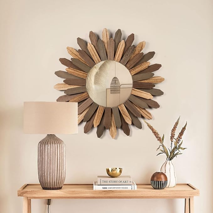 Honiway Boho Wall Decor 21 inch Wall Mirror Rustic Wood Decorative Mirror - Image 5