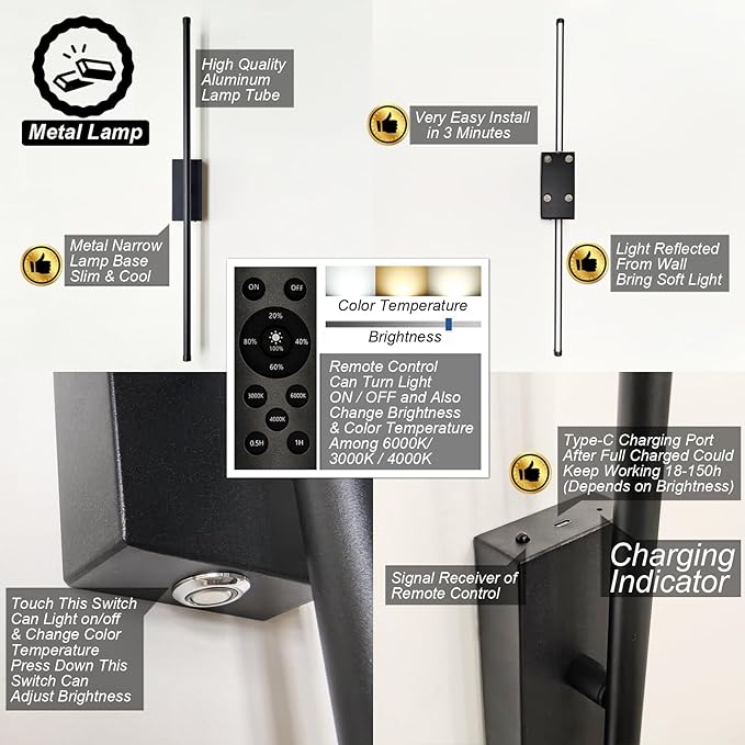 Easy Install Peel and Stick on Battery Operated Wall Sconces Set of 2 - Image 5
