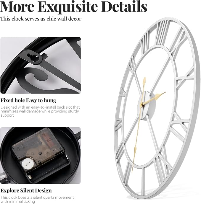 Cuspin 20 Inch Wall Clock Large Silver Decorative Clocks, Modern Metal Round - Image 5